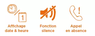 3 fonctions avec affichage date et heure, fonction silence et appel en absence